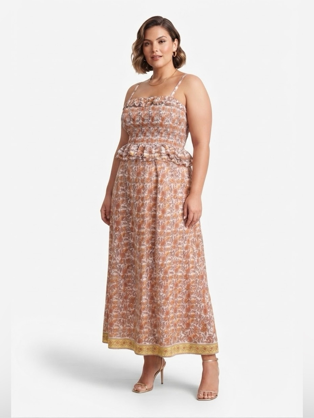 J Crew Smocked Floral Maxi Dress in Rust and Cream